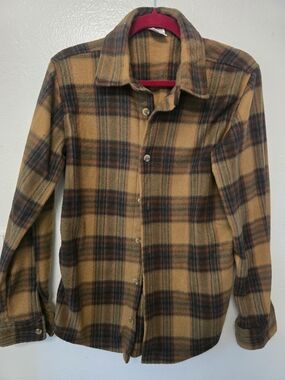 Source Unknown Tan and Black Plaid Button-Up Shirt